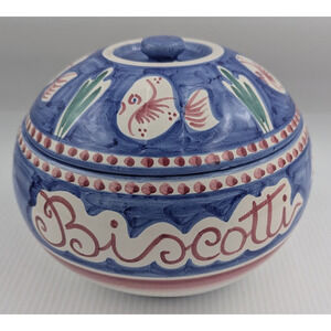 Vietri Sul Mare Italy Ceramic Blue Biscotti Jar with Lid Canister Fish Pesce